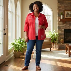 Quacker Factory Red Rhinestone Rose Button Up Shirt Jacket Plus Size 2X